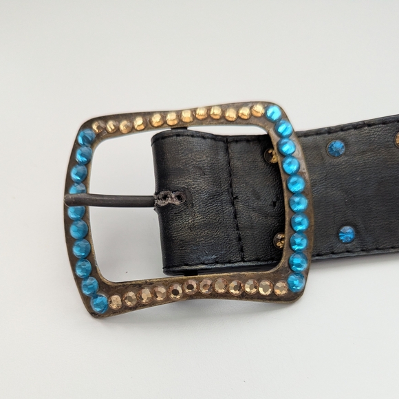 Black Leather Belt w/Colorful Glam Embellishments & Accents Blue/Green & Gold - Picture 8 of 12